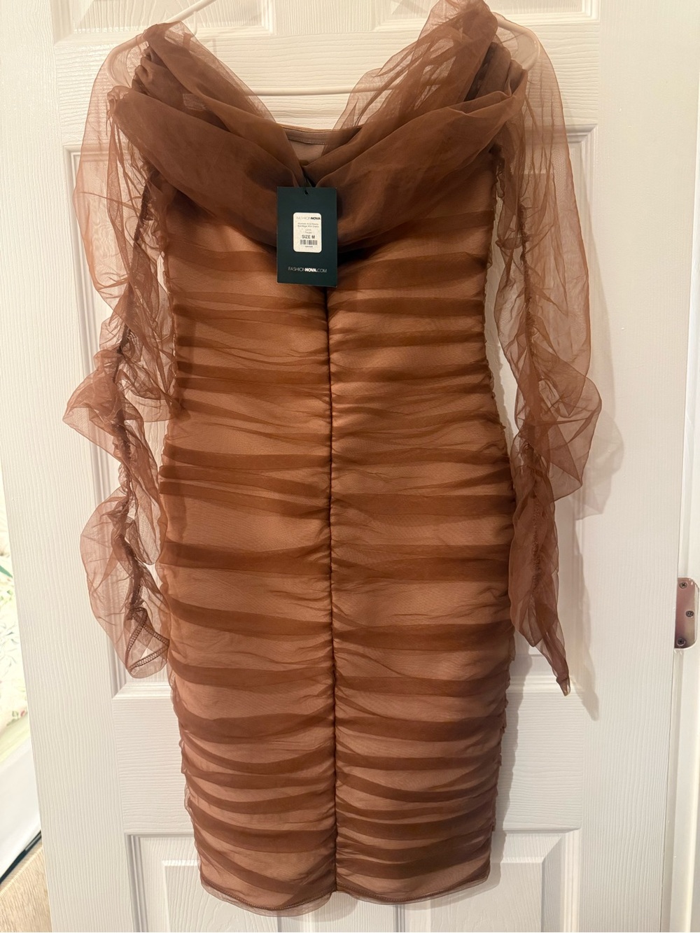 Fashion Nova Brown Sheer Ruched Midi Dress - Picture 3 of 6
